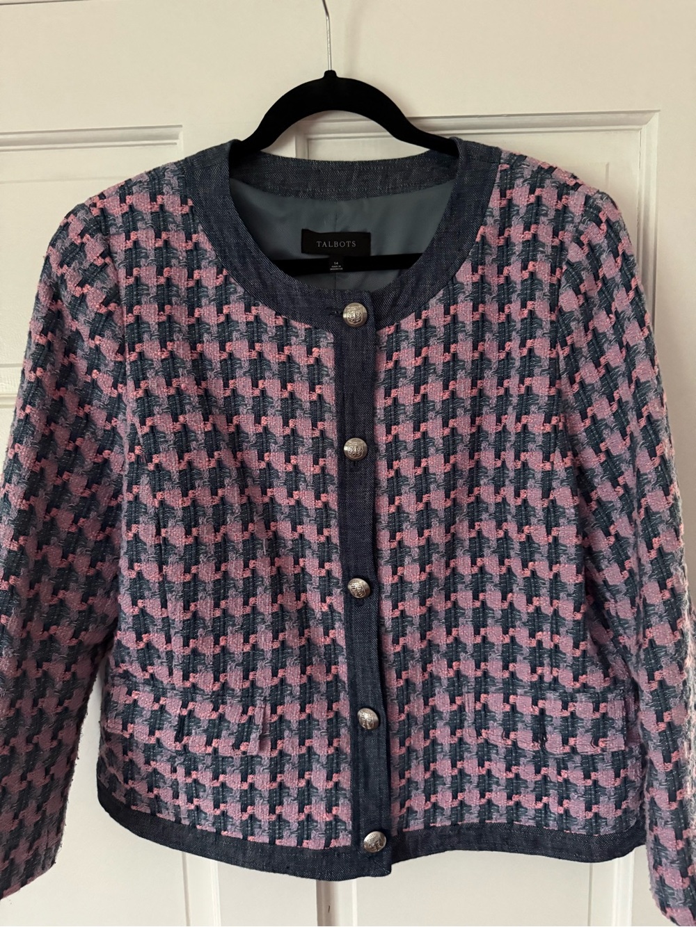 Talbots Denim Trim Basket Tweed Jacket Pink & Blue - Picture 2 of 4